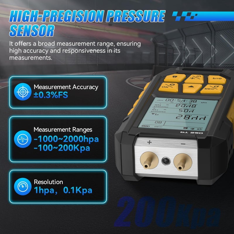 VKALTUL Manometer, Digital Manometer HVAC Dual Port Air Gas Pressure Tester Differential with 10 Units High Accuracy Value 29 Data Stores Backlight Display,-100~200Kpa,-1000~2000mbar - Image 4